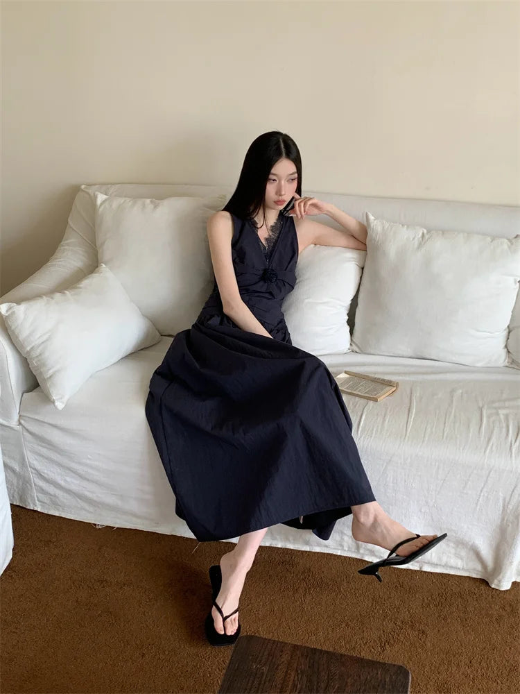 Lace Pathwork Sleeveless Long Modest Dress Summer 2025 Party Evening Dress 2025 V Neck Tunics A Line Midi Dress Clothes voguable