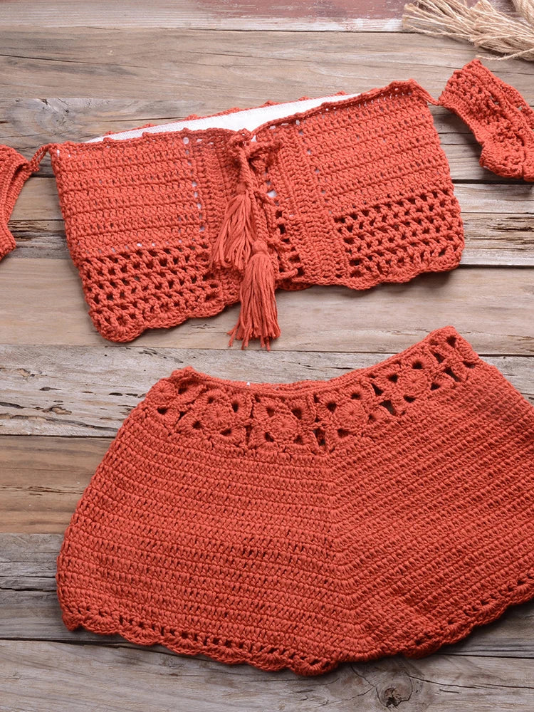 Voguable  Handmade Crochet Bikini Set Women Swimwear Bohemian Fitness Sexy Beach Outfits Holiday Vintage Swimsuit Summer voguable