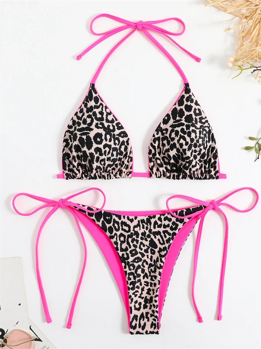 Voguable Sexy Micro Bikini 2024 Women Pink Leopard Print Neon Double Side Push Up Swimsuit Brazilian Beach Bathing Suit Thong Swimwear voguable