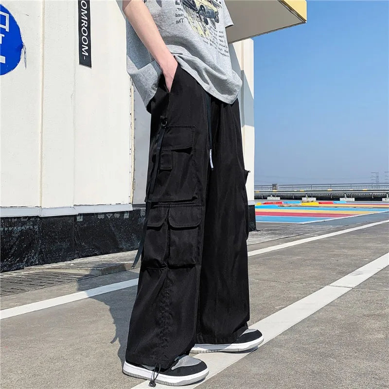 Voguable  Japanese Overalls Men Functional Multi-pocket Pants Korean Urban Streetwear Trend High-end Elastic Waist Lace Casual Trousers voguable