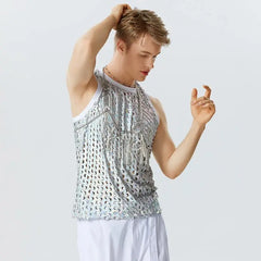 Men Tank Tops Sparkling O-neck Sleeveless Streetwear Hollow Out Vests Summer Sexy Fashion Party Men Clothing S-5XL voguable