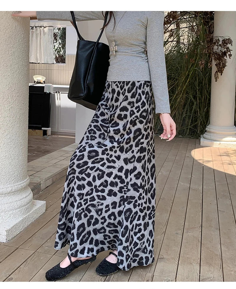 Sexy Slim Leopard Long Skirts Women High Waist Retro Streetwear Y2K Skirt Fall Casual Harajuku American Vintage Long Skirt voguable