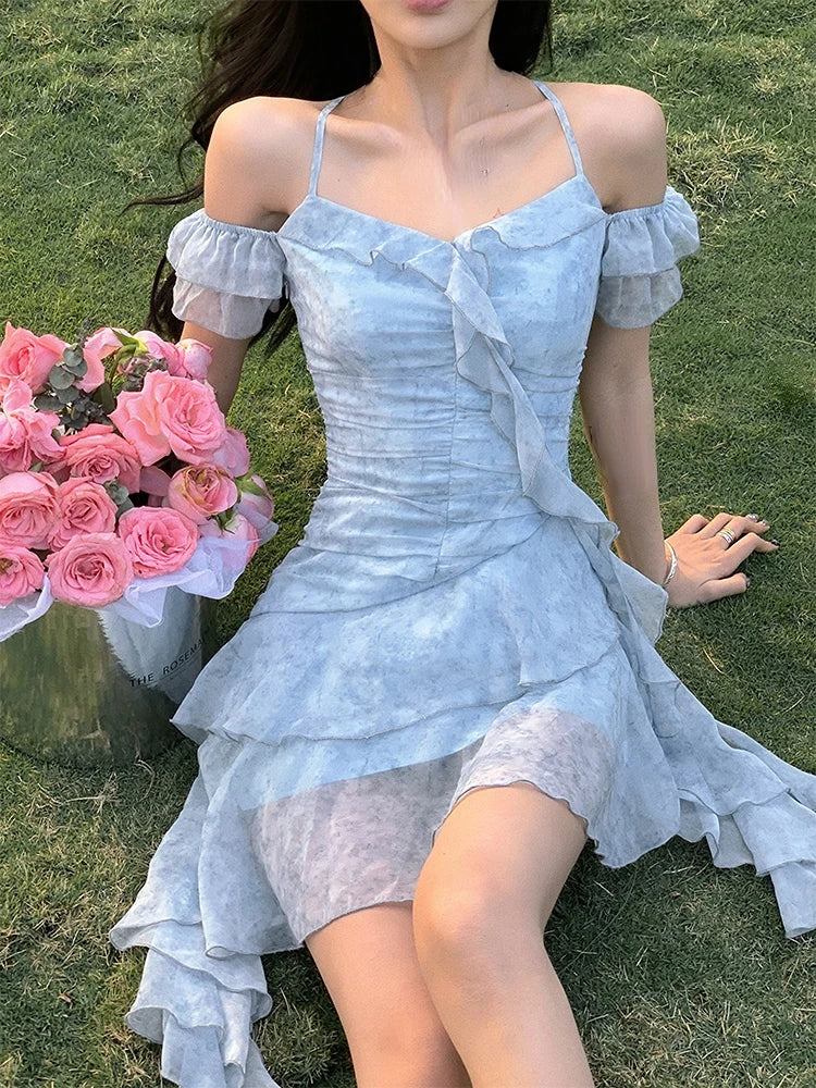 Voguable Summer Beach Style Flroal Y2k Mini Dress Woman Chiffon Elegant Y2k Mini Dress Korean Fashion Short Party Dress Office Lady voguable