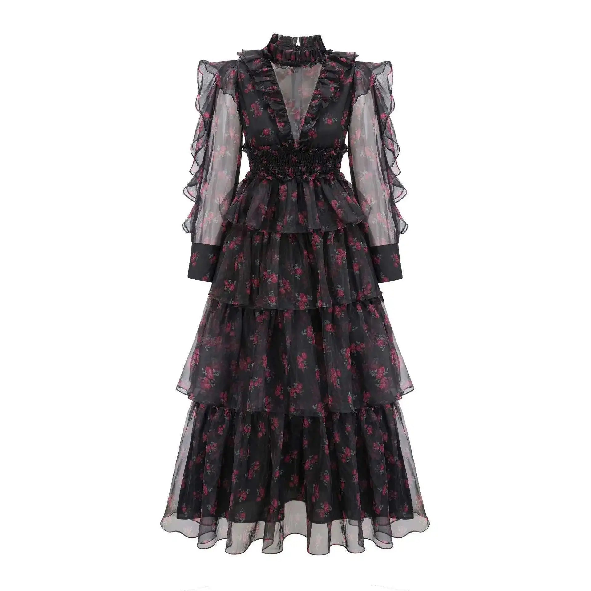 Mesh See-through Women Dress Zipper Flowers Edible Tree Fungus Design Stand Collar Full Sleeve 2025 Dresses Female voguable