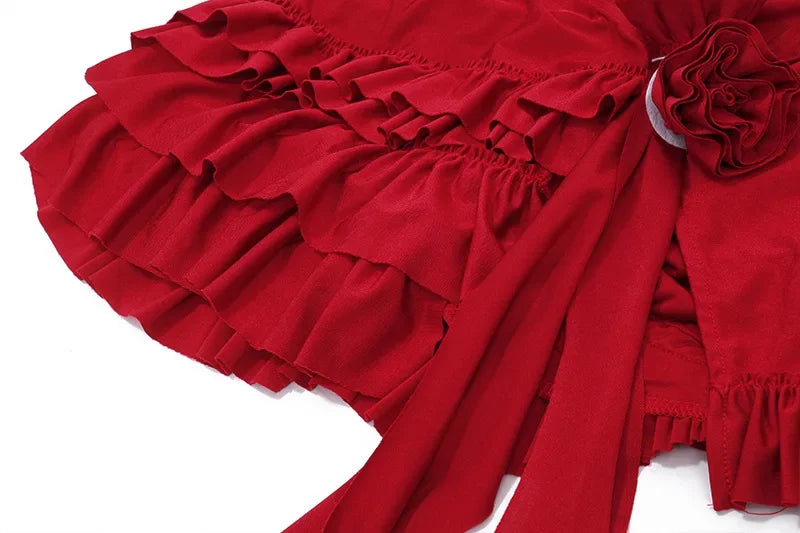 Voguable  Red 3D Flower Sexy Two Pieces Woman Cropped Tops and Tassel Ruffles Mini Skirts Matching Sets Summer Fashion Club Outfits voguable