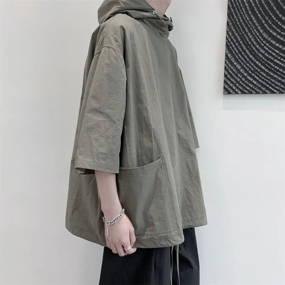 Voguable  Trendy Summer Hooded Sweatshirt Men's Harajuku Style Loose Fit Capucha Short Sleeves T-shirt Thin Jacket Five Minute Sleeves voguable