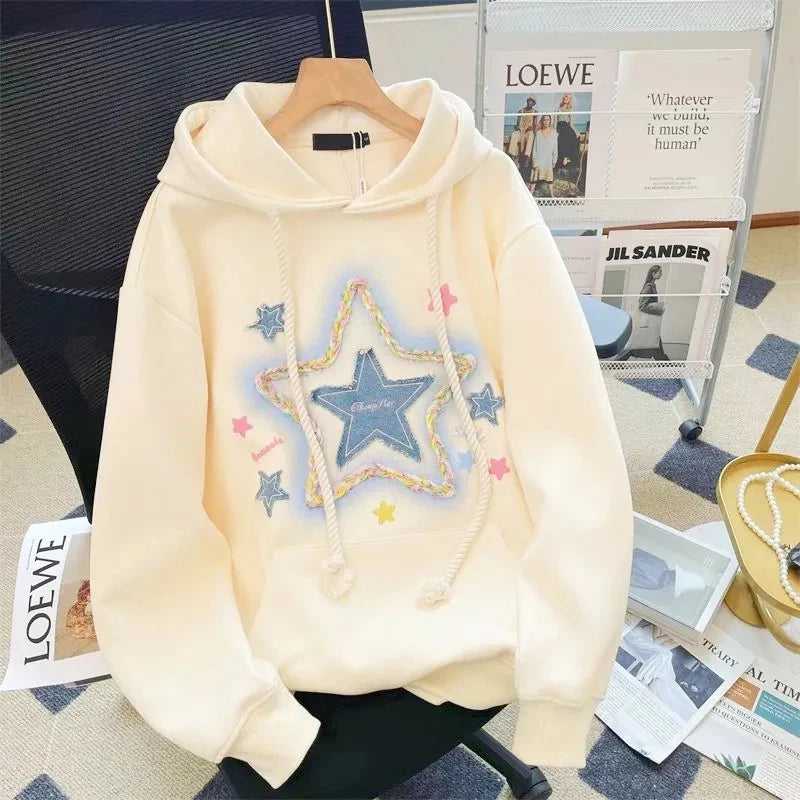Vintage Star Print Hoodies Women Streetwear Loose Long Sleeve Sweatshirts American Retro Bf Casual Harajuku Pullover Tops voguable