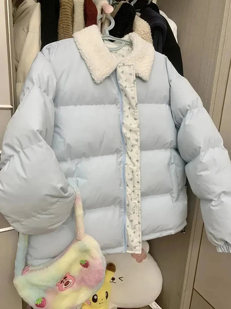 Blue Floral Patchwork Parkas Women Korean Sweet Winter Warm Puffy Coat Casual Long Sleeve Loose Preppy Style Cotton Jacket voguable