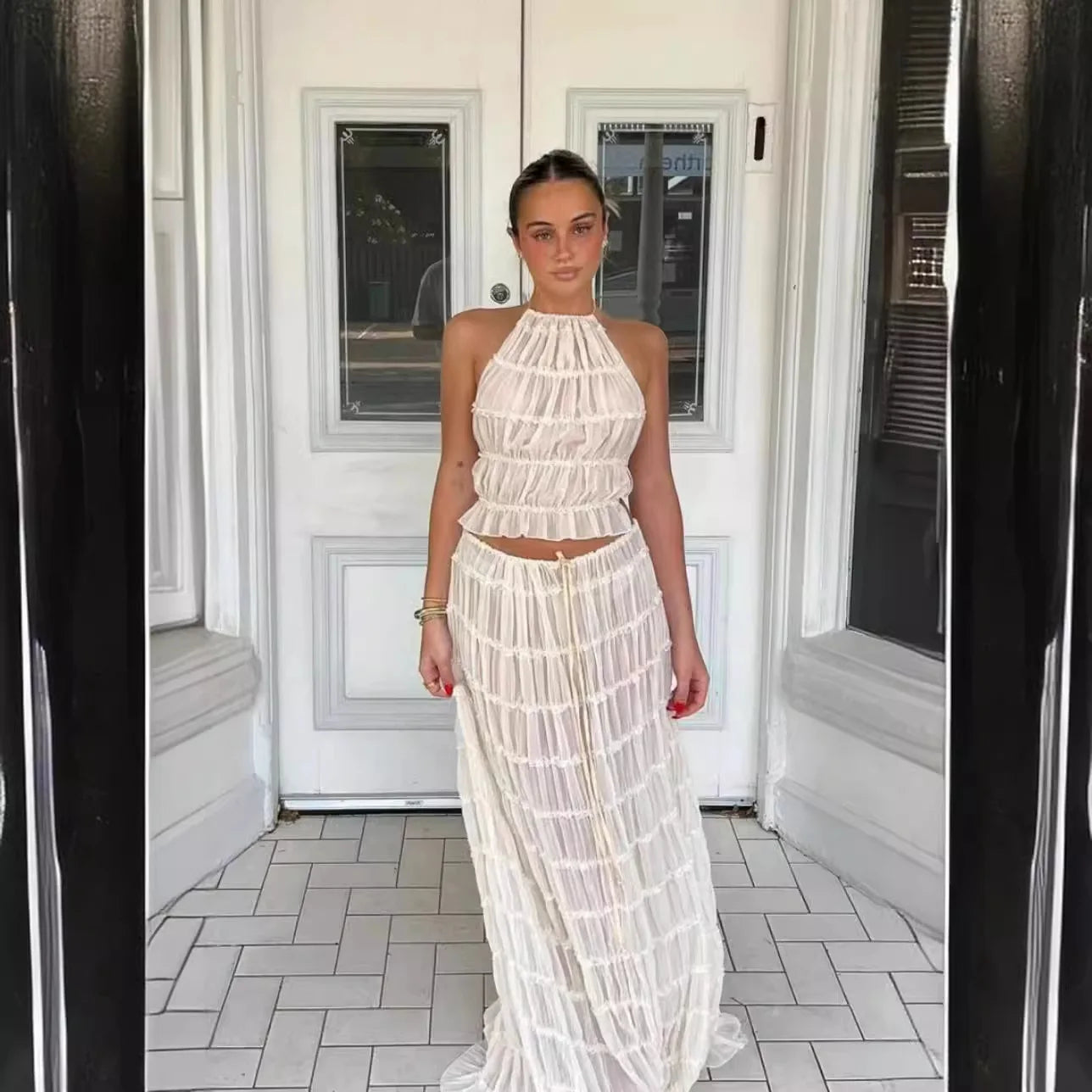 Fashion Solid Hang Neck Long Skirt Suit Women Backless Sling Top Lace Up Fold Maxi Skirts 2024 Spring Summer Female 2 Piece Set voguable