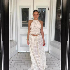 Fashion Solid Hang Neck Long Skirt Suit Women Backless Sling Top Lace Up Fold Maxi Skirts 2024 Spring Summer Female 2 Piece Set voguable