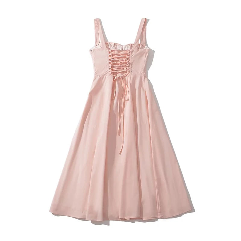 Voguable  Elegant Women Sexy Cross Lacing Up Bandage Back Pink Sling Dresses Summer Sleeveless Slit Hem Female Party Midi Robe voguable