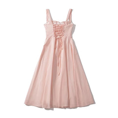 Voguable  Elegant Women Sexy Cross Lacing Up Bandage Back Pink Sling Dresses Summer Sleeveless Slit Hem Female Party Midi Robe voguable