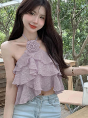 3D Floral Sweet Halter Tanks Women Elegant Fashion Sexy Cropped Camis Tanks Summer Chic Female Backless All Match Top Tanks voguable