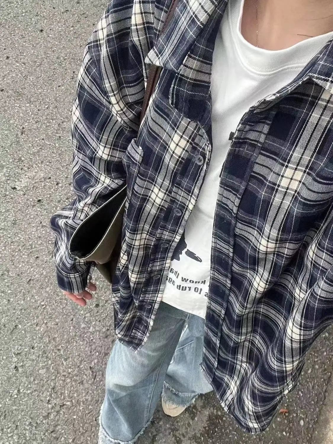 Vintage Plaid Shirt Women Loose Casual Medium Length Preppy Style Shirts Fashion Single Breasted Lapel Pocket Oversize Shirts voguable