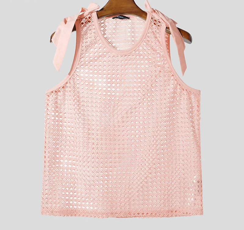 Summer Men Tank Tops Hollow Out See Through Bow Patchwork Sleeveless Male Vests Streetwear Sexy 2025 Fashion Men Clothes voguable