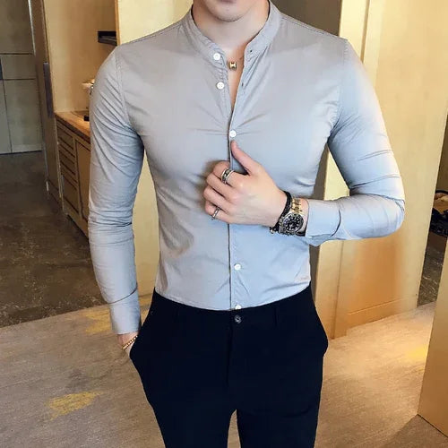 Men Slim Fit Shirt 2024 Autumn Cotton Solid Stand Collar Casual Business Long-sleeved Shirts Male Fashion Camisas Men Clothing voguable