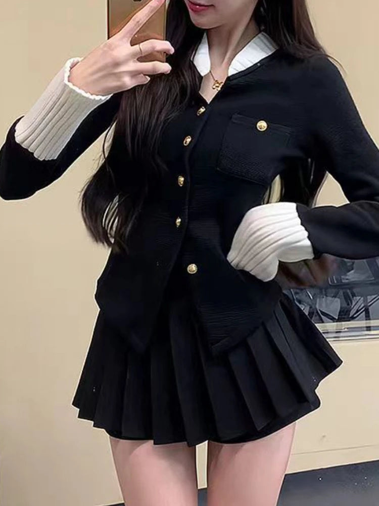 Autumn New Sexy Preppy Style 2 Piece Set Women French Rich Girl Top+High Waist  Pleated Skirt Female Fashion Wear Skirt Suit voguable