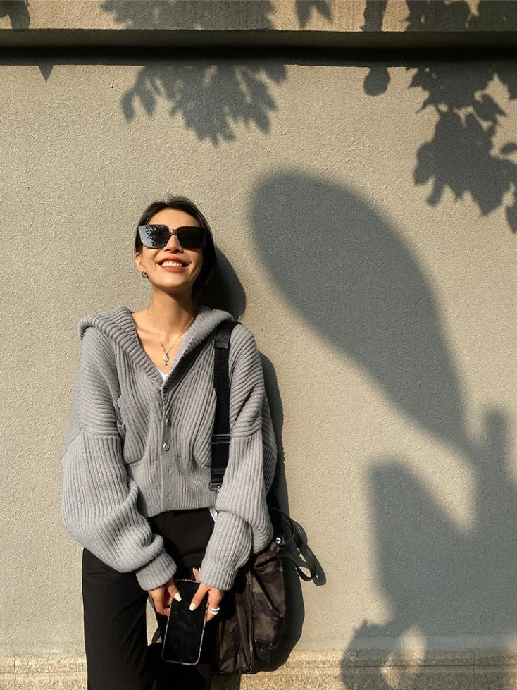 Women's Hooded Cardigan Button Up with Pocket Knitted Sweater Hoodie Slouchy Knitwear Fall Winter Casual Chic Outfit voguable