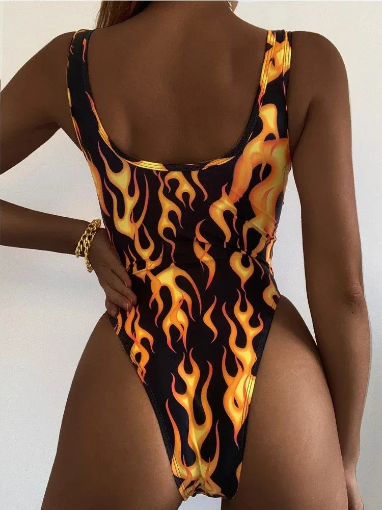 Voguable  Flame-print One-piece Swimsuit Women Sexy U-neck Slim Beach Bikini Suspender Backless Monokini Summer Swimwear Bodysuit voguable