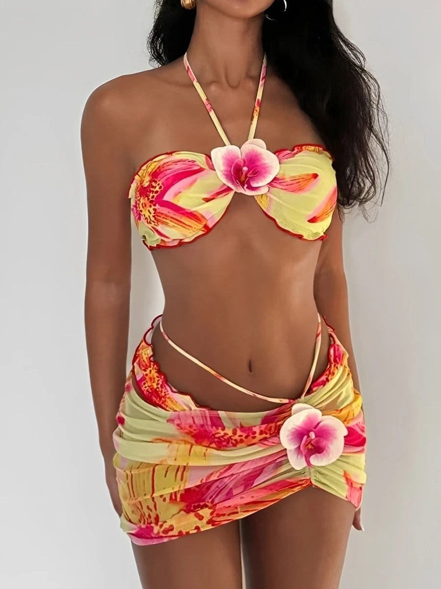 Voguable  3D Floral Halter Bandeau Bikinis Padded Swimsuit Women 3 Pieces Swimwear Female Bather Bathing Swimming Swim Suit Beachwear voguable