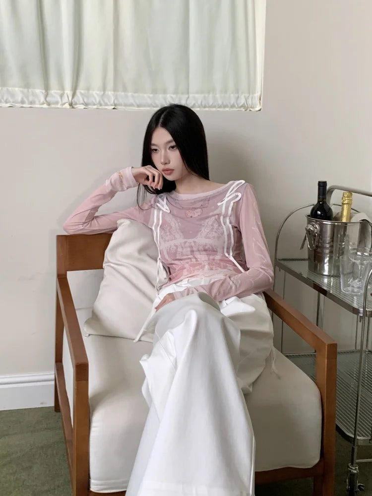 Designer Pink Long Sleeve T Shirt For Woman Fall 2025 Lace Print Funny Tees Cute Mesh Top Kawaii Clothes voguable