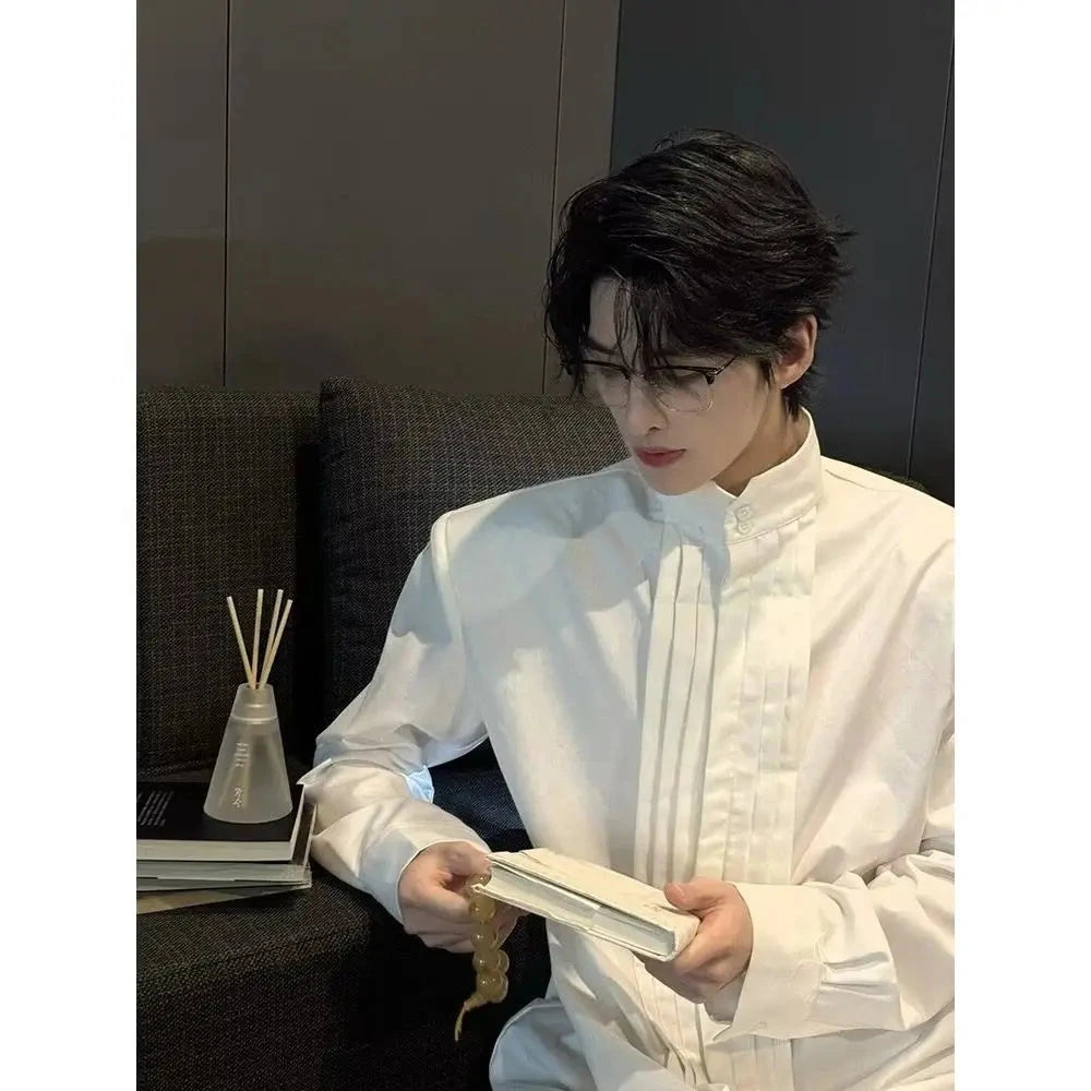 Spring New Niche Shirt Deconstructed Stand Collar Long-sleeved Shirt Men's Mature Elegant Youth Design Feel Loose Casual Blouse voguable