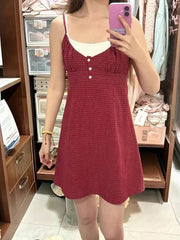 Voguable  Red Plaid V-neck Mini Summer Casual Dress Women Buttons Lace Trim A-line Sweet Short Vestidos Preppy Style Y2K Dresses voguable