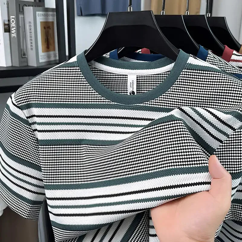 Voguable  Mens Striped Crew Neck T Shirt Casual Short Sleeve Breathable Tee voguable