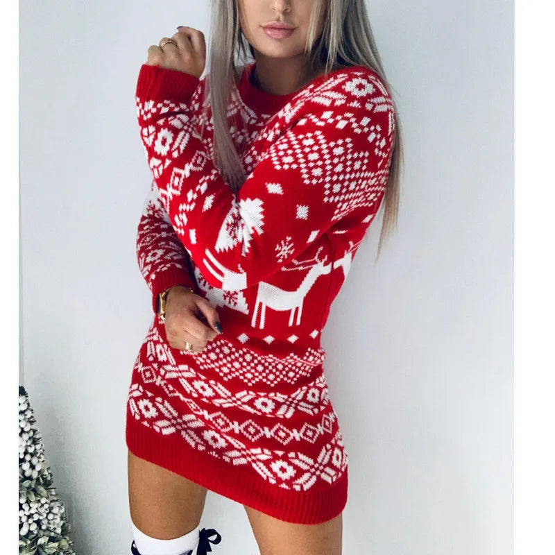 Sweater Women Christmas Deer Knitted Long Sleeve Round Neck Ladies Jumper Fashion Casual Winter Autumn Pullover ClothesPlus Size New Year voguable