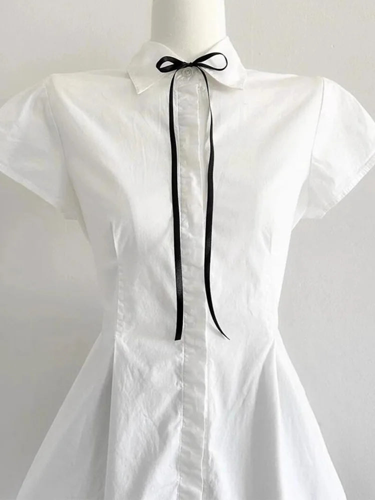 Back Bow White Shirt Women Slim Lace Up Elegant Blouse Vintage Casual Preppy Style Simple Short Sleeve All Match Tops New voguable