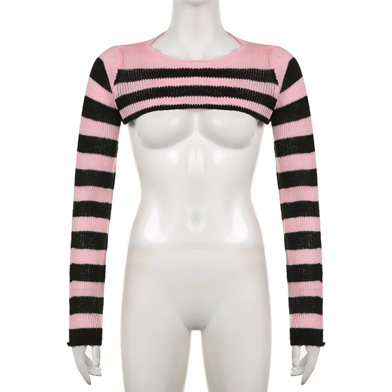 Voguable y2k Pink And Black Contrast Color Super-short Sweater Pullovers Dark Academia Cute Knitted Smock Tops Kawaii Jumper New voguable