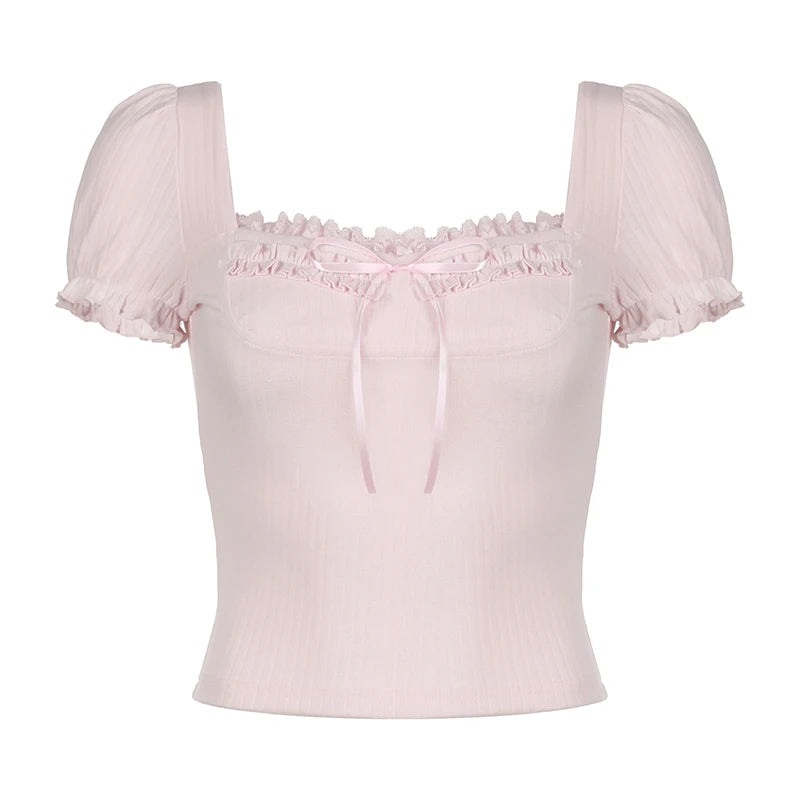 Voguable Cute Frill Lace Bow Decorate Top Women's Summer Puff Short Sleeve Square Collar T-shirts Y2K Aesthetic Tees Coquette voguable