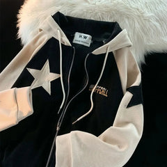 Voguable Y2K Harajuku Style New Fashion Star Patch Zipper Hooded Women Streetwear Popular Casual Joker Sweatshirt Unisex Stitching Tops voguable