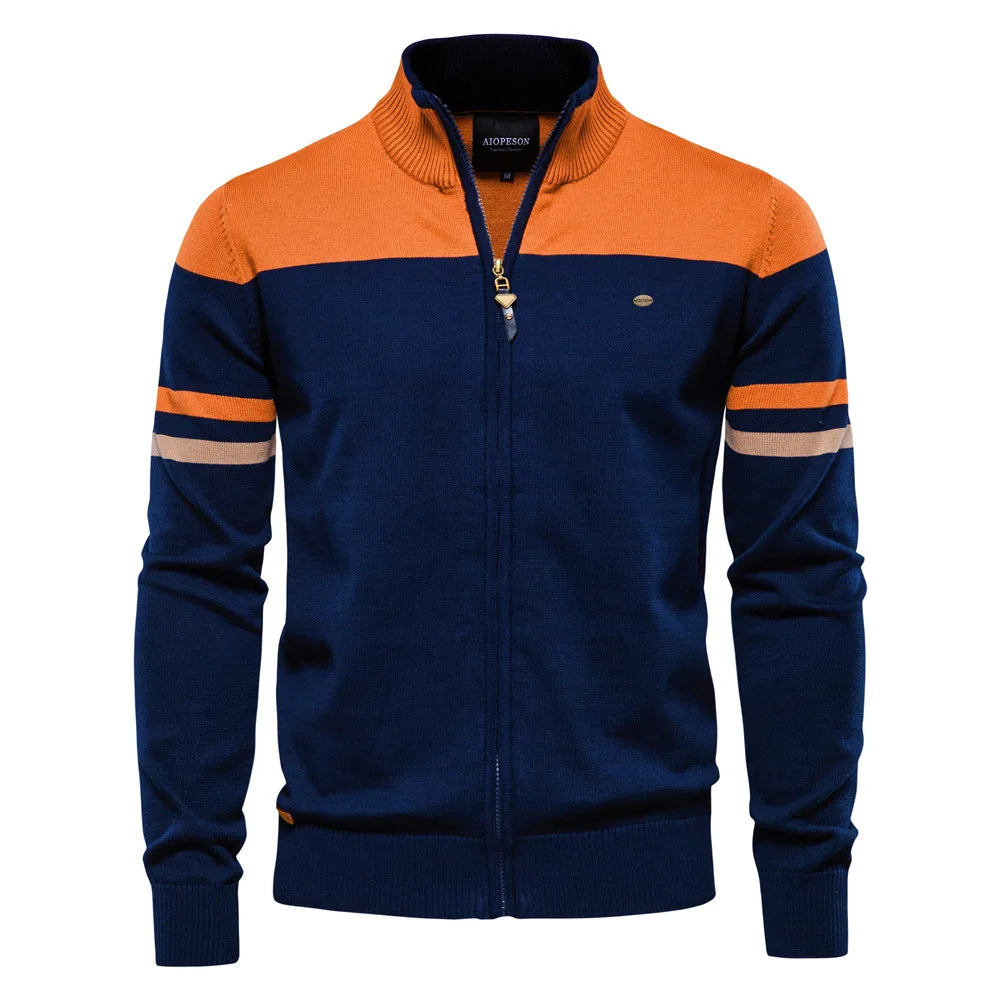 100% Cotton Mens Zipper Cardigan Sleeve Striped  Autumn Winter Casual Patchwork Fashion Youth Knitted Sweaters For Men voguable