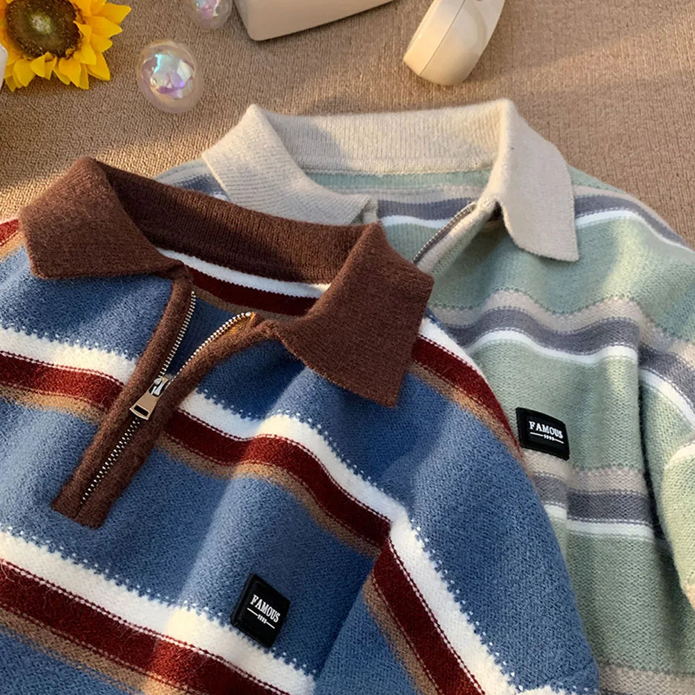 Voguable  Japan Men's Y2K Knitted Warm Polo Knit Striped Turtleneck Sweater Shirts Winter Streetwear Knitwear Korean Clothes Jumper Men voguable