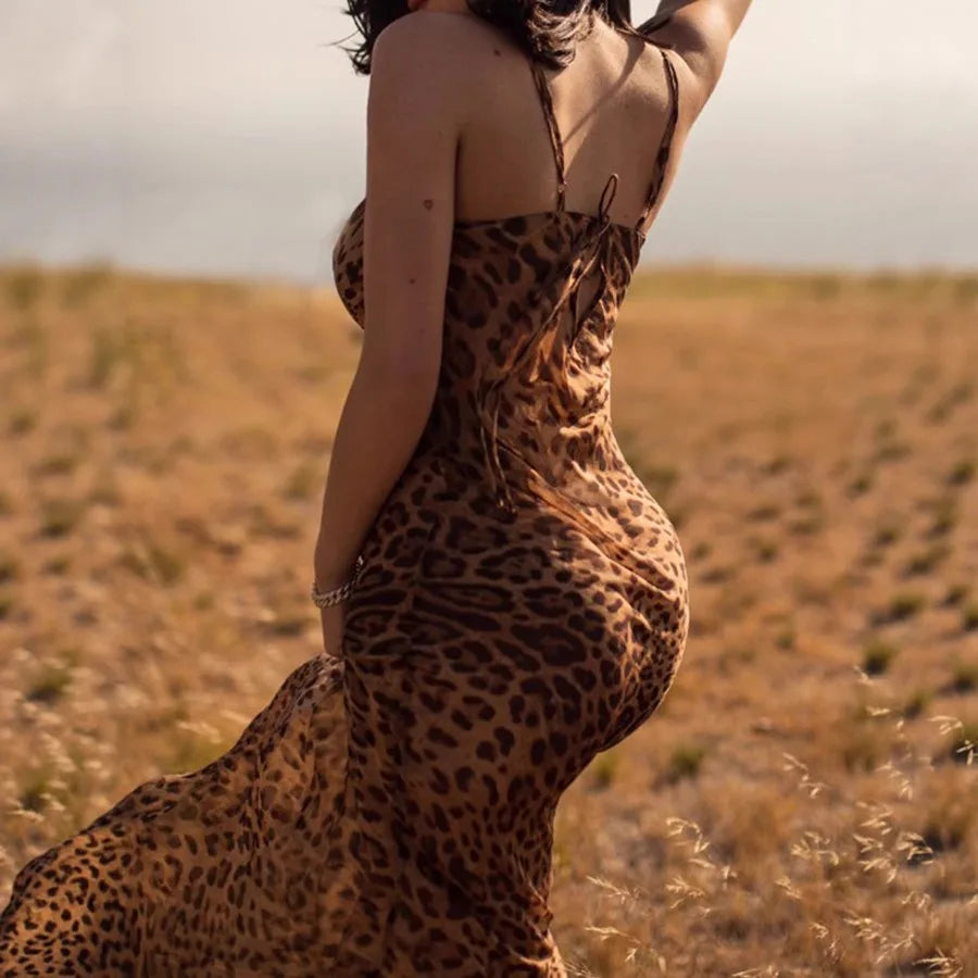 Voguable  European and American - new leopard-print suspender sexy dress slim slimming long dress summer beach vacation dress voguable