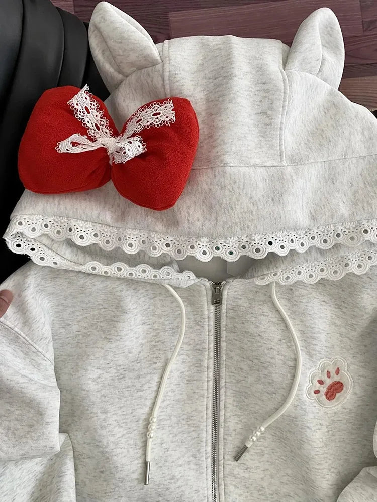 Kawaii Print Bow Hoodies Women Sweet Lace Patchwork Long Sleeve Cute Sweatshirts Japan Loose Pockets Letter Female Zipper Tops voguable