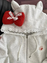 Kawaii Print Bow Hoodies Women Sweet Lace Patchwork Long Sleeve Cute Sweatshirts Japan Loose Pockets Letter Female Zipper Tops voguable