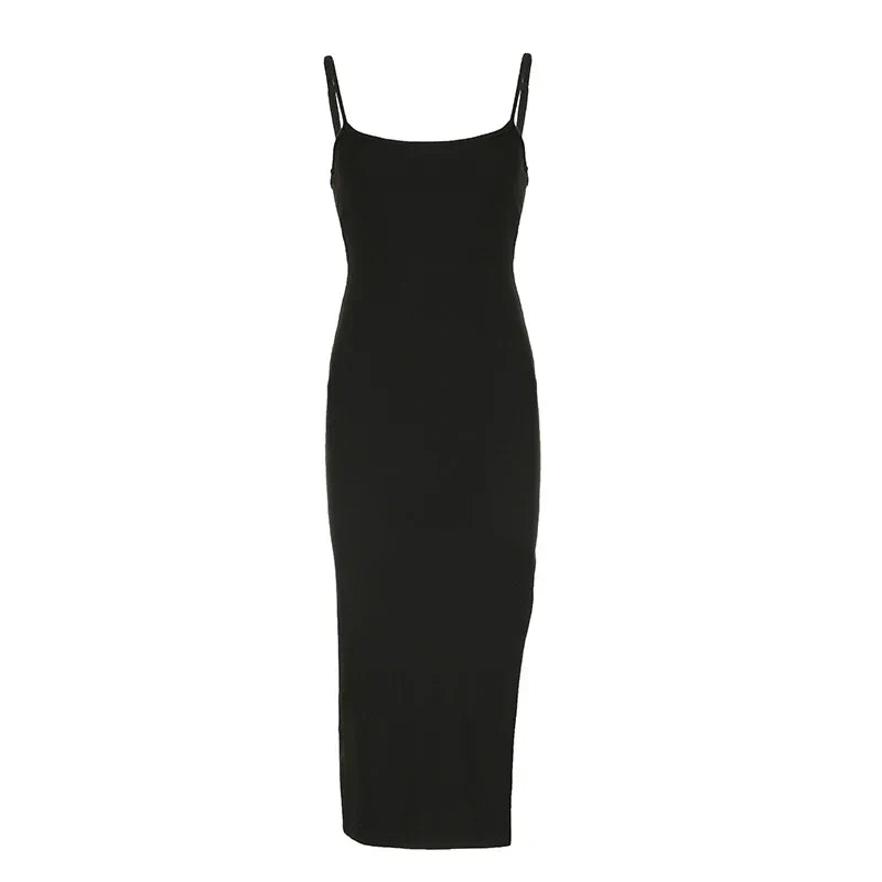 Solid Strap Backless Side Split Midi Dress mysite
