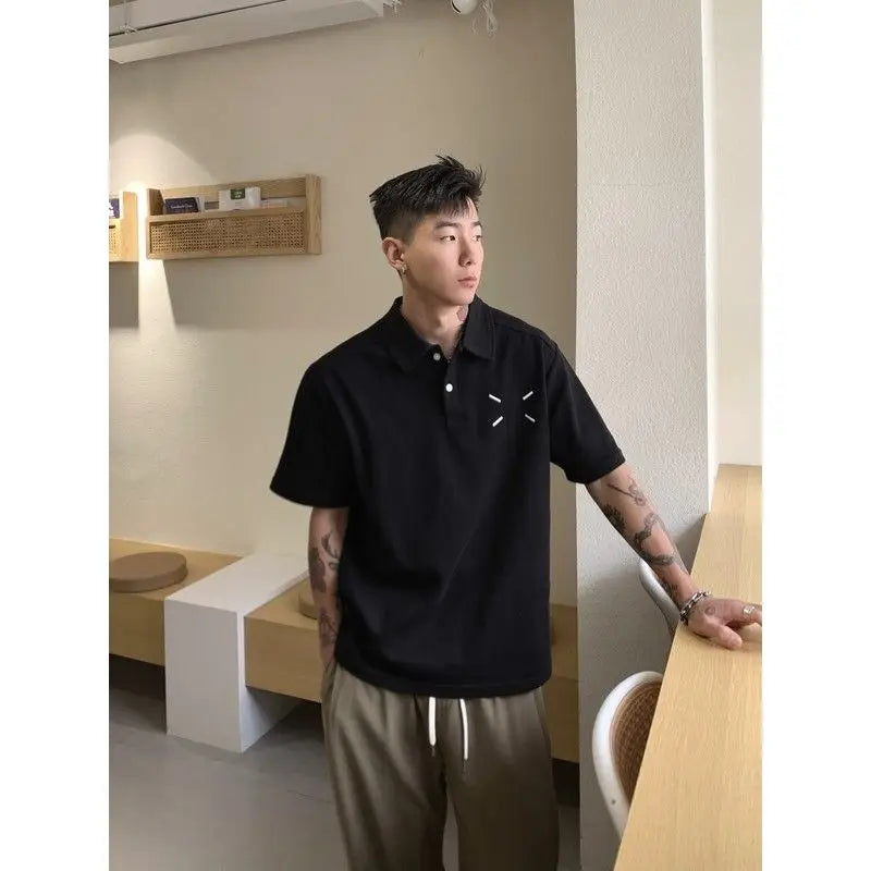 Summer New 100% Cotton High Street Hip-hop Polo Shirt Short Sleeve T-shirt Men's Japanese Casual Niche Loose Solid Color Top voguable