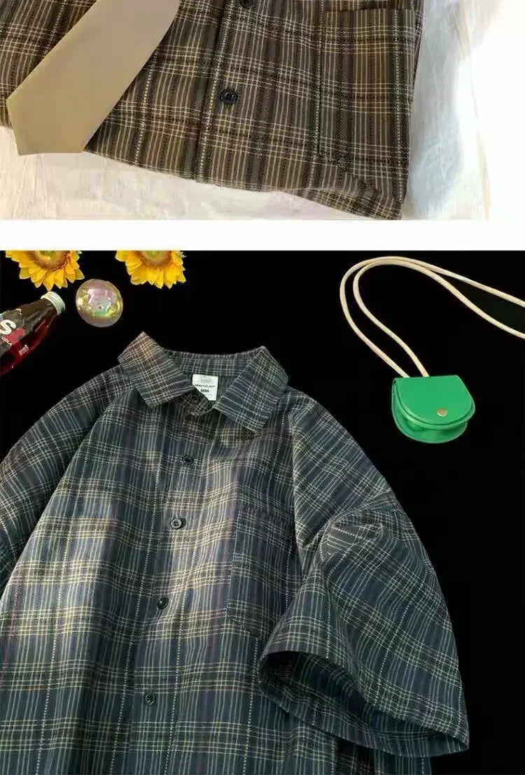 Japanese Vintage Plaid Short Sleeve Shirt Men's Streetwear Loose Fit Casual Stylish Versatile Half Sleeve Underwear voguable