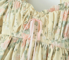 Voguable Princess Yellow Flower Print Bow Wood ears Square Collar Lantern Sleeve Dress Women Ruched Chest Ball Gown Swing Mini Robe Fairy voguable