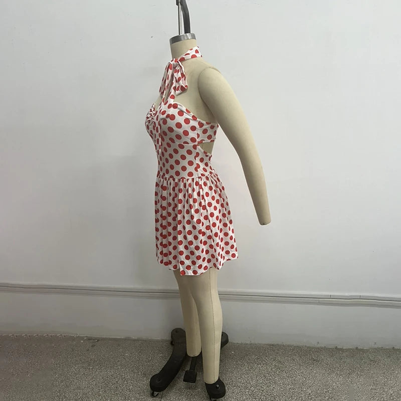 Voguable  Strapless Sexy A-line Short Dress for Women with Ribbon Bow Tie Sleeveless Dot Printed Ruched Spicy Girl's Club Party Outfits voguable