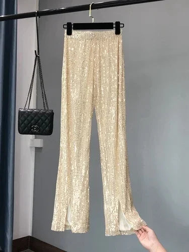 Voguable  New Autumn and Winter Women's Fashionable Shiny White Trousers, Versatile Slimming High Waist Sequined Flared Trousers voguable