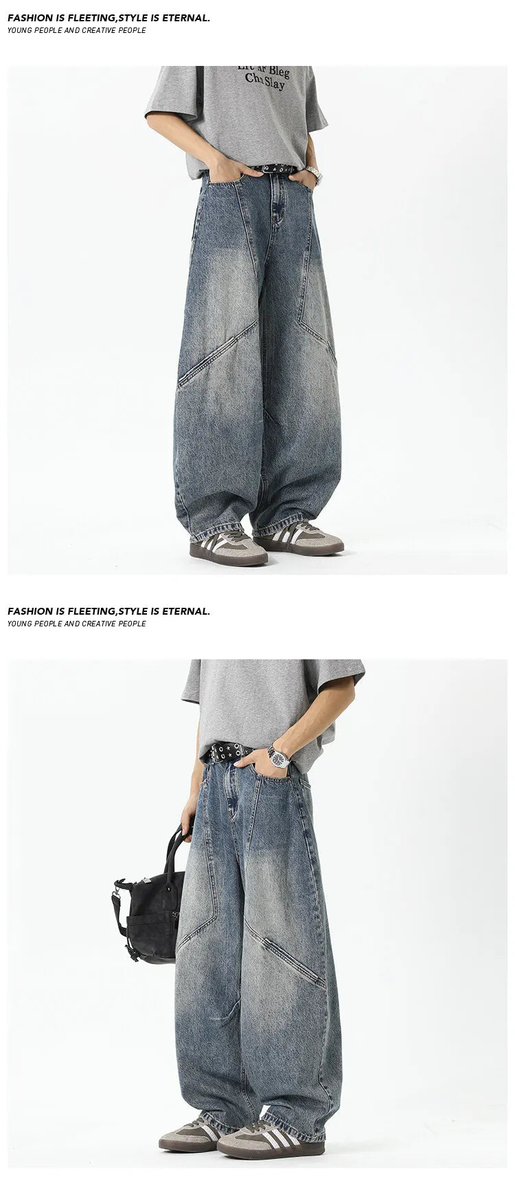 Mens Relaxed Fit Wide Leg Jeans Patchwork Design Floor Length Baggy Streetwear Casual Denim Pants 2025 Trendy Loose Trousers voguable