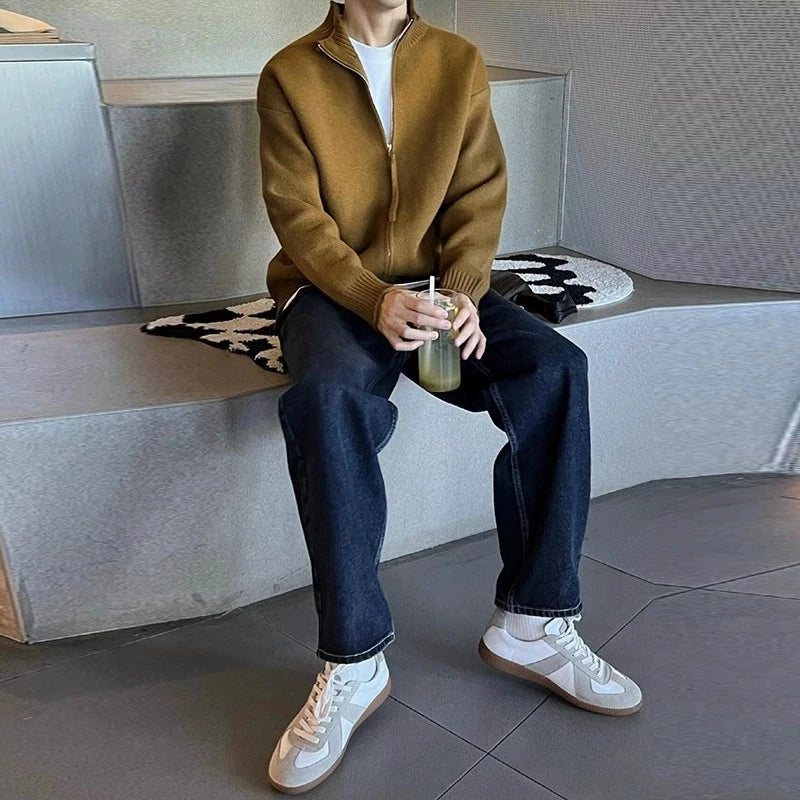 New Japanese Popular Men Cardigan Jacket Luxury Trendy Turtleneck Knitted Zip-up Long Sleeve Sweater Coat Premium Knitwear M-3XL voguable