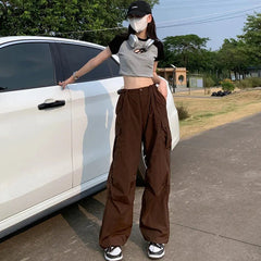 Y2K Brown Drawstring Cargo Pants Women Vintage Hip Hop Streetwear Baggy Pocket Wide Leg Trousers Summer Casual Straight Pants voguable