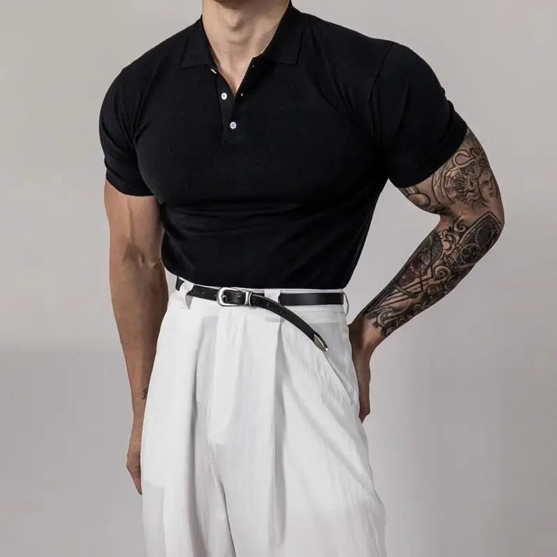 Voguable  American Style Hard Man  Color Ice Silk  Shirt Muscle Men Slim Short Sleeve Workwear T-Shirt Tight Sleeve Casual Gol... voguable