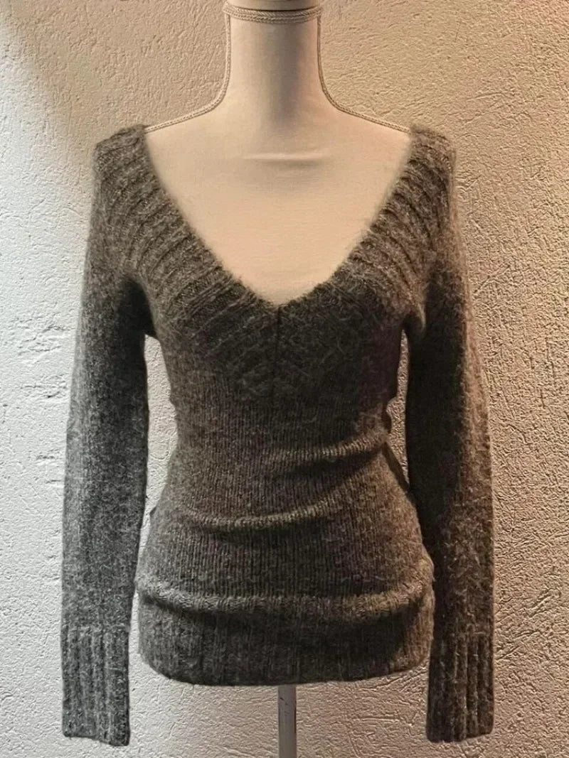 Fashion Vintage V-neck Knitted Tops Women 2024 Early Autumn New Sweaters Mujer Y2k Grunge Slim Fit Long Sleeve Pullovers voguable