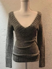 Fashion Vintage V-neck Knitted Tops Women 2024 Early Autumn New Sweaters Mujer Y2k Grunge Slim Fit Long Sleeve Pullovers voguable